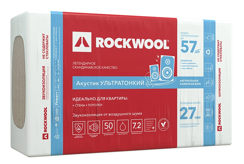 Rockwool Акустик Баттс Ультратонкий 1000х600х27 мм, цена - купить в интернет-магазине в Москве и МО.!