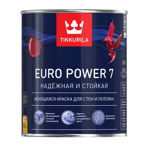 Tikkurila Euro Power 7 для стен и потолков моющаяся матовая, Бесцветный, цена - купить в интернет-магазине в Москве и МО.!