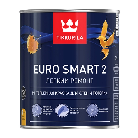 Tikkurila Euro Smart 2 для стен и потолков глубокоматовая, Белый, цена - купить в интернет-магазине в Москве и МО.!