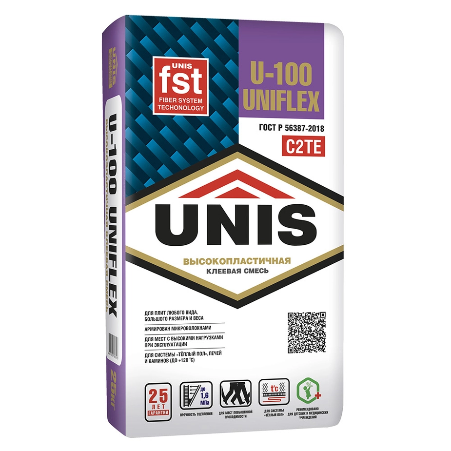 Клей для плитки, керамогранита и камня Unis Uniflex U-100 эластичный (класс С2) 25 кг, цена - купить в интернет-магазине в Москве и МО.!