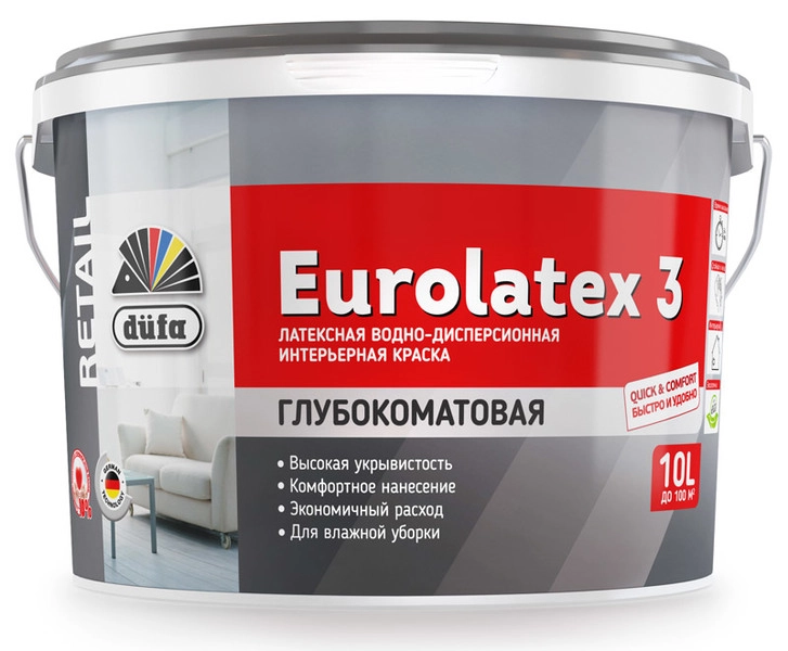 Dufa Premium Eurolatex 3 для стен и потолков водно-дисперсионная глубокоматовая, Белый, цена - купить в интернет-магазине в Москве и МО.!